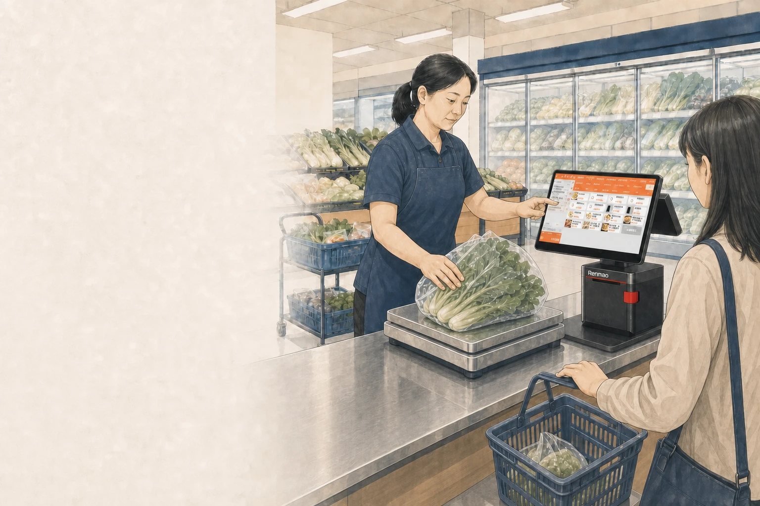 台灣生鮮超市店員為客人秤重結帳,並操作連接電子秤的 POS 終端機