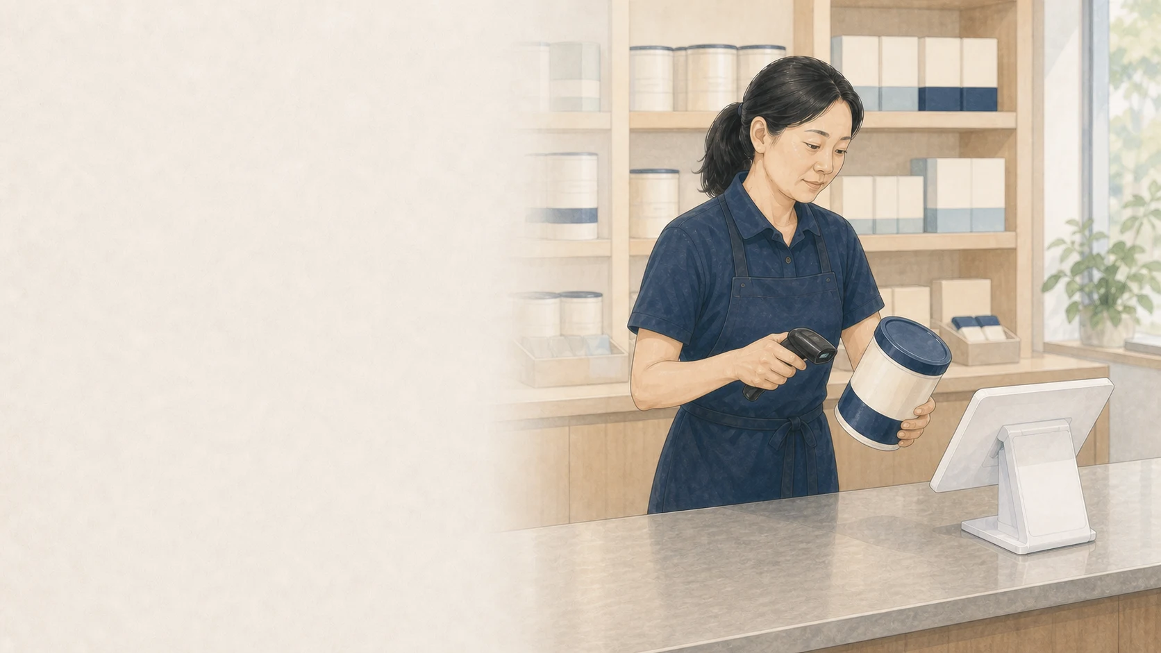 台灣母嬰用品店員掃描分齡商品並操作 POS