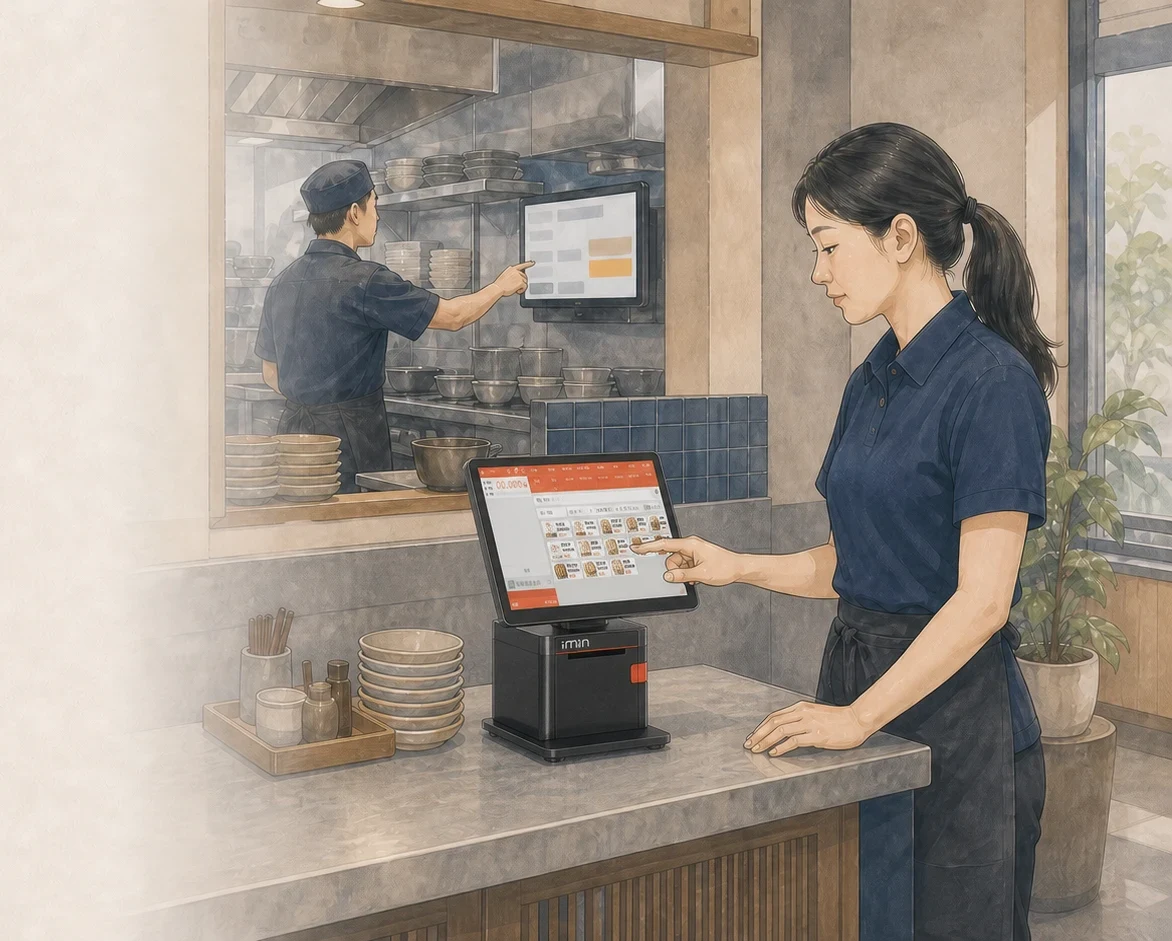 餐飲店員操作 iMin 終端上的 PosPal 收銀畫面